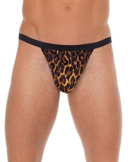 Mens Black GString With Leopard Print Pouch Male