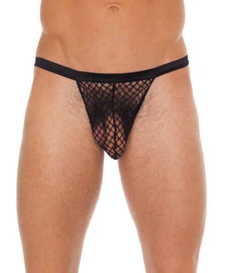 Mens Black GString With Black Net Pouch Male