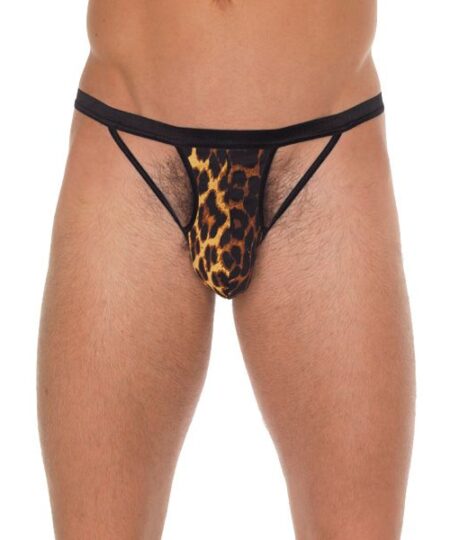 Mens Black GString With Black Straps To Animal Print Pouch Male