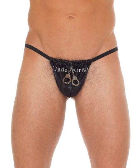 Mens Black GString With Handcuff Pouch Male