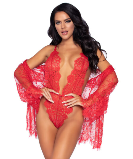 Leg Avenue Floral Lace Teddy and Robe Red Bodies and Playsuits