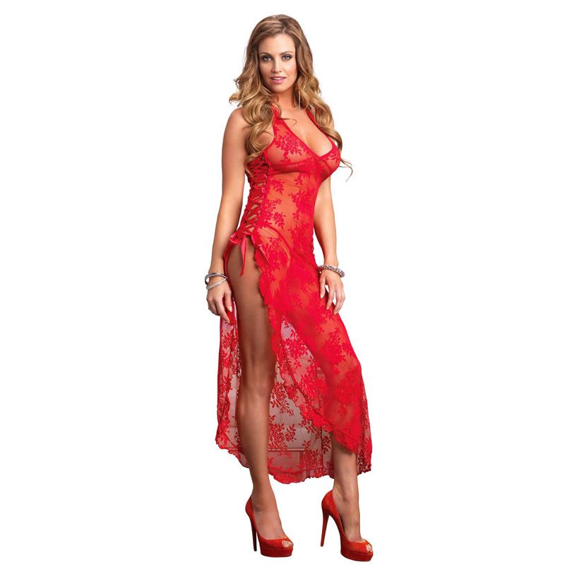 Leg Avenue 2 Piece Rose Lace Long Dress With Lace Side Red Dresses and Chemises