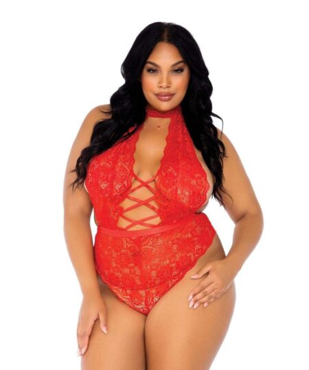 Leg Avenue Floral Lace Crotchless Teddy Red UK 18 to 22 Plus Size Lingerie