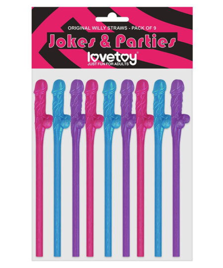 Lovetoy Pack Of 9 Willy Straws Blue Pink And Purple Hen And Stag Nights