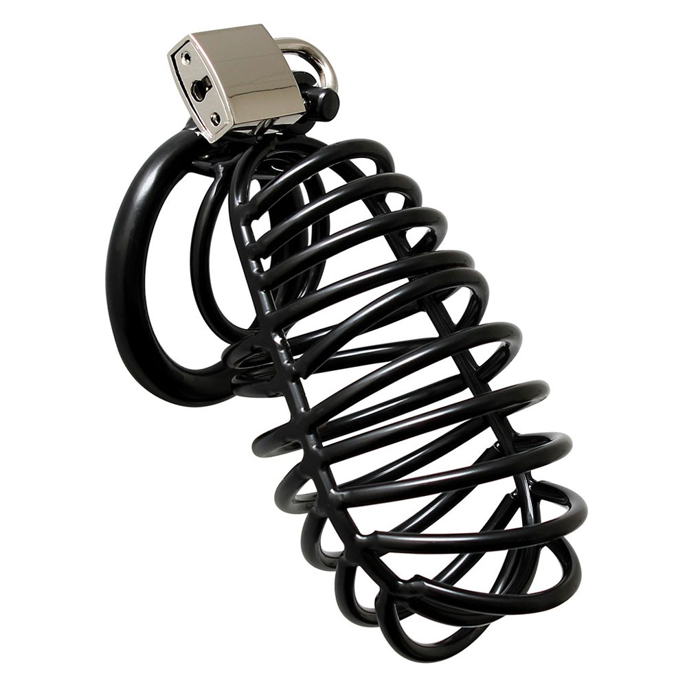 Black Metal Male Chastity Device With Padlock Male Chastity