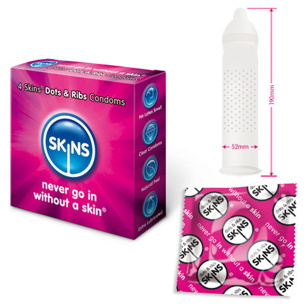 Skins Condoms Dots And Ribs 4 Pack Stimulating, Ribbed, Warming
